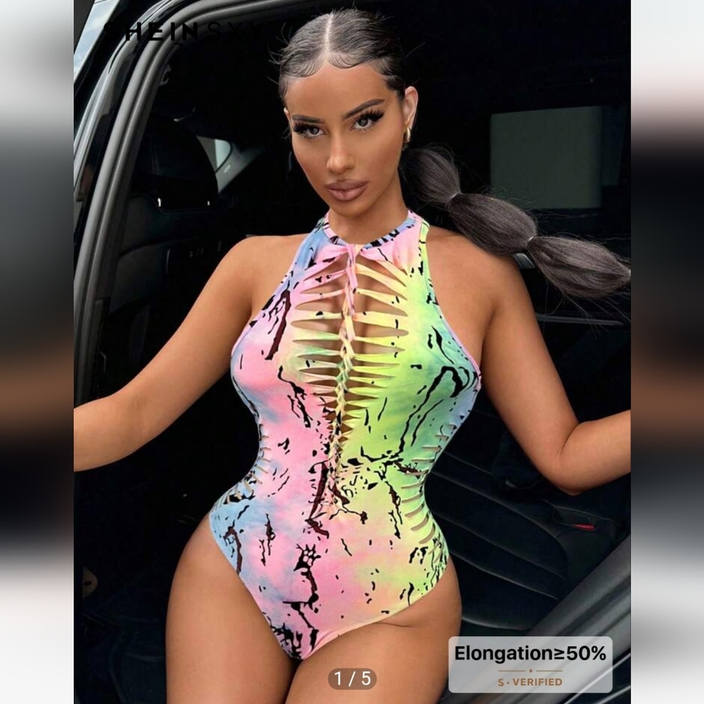 SHEIN SXY 80's 90's Neon Tie Dye Abstract Print Bodysuit Cutout High Neck NWT S